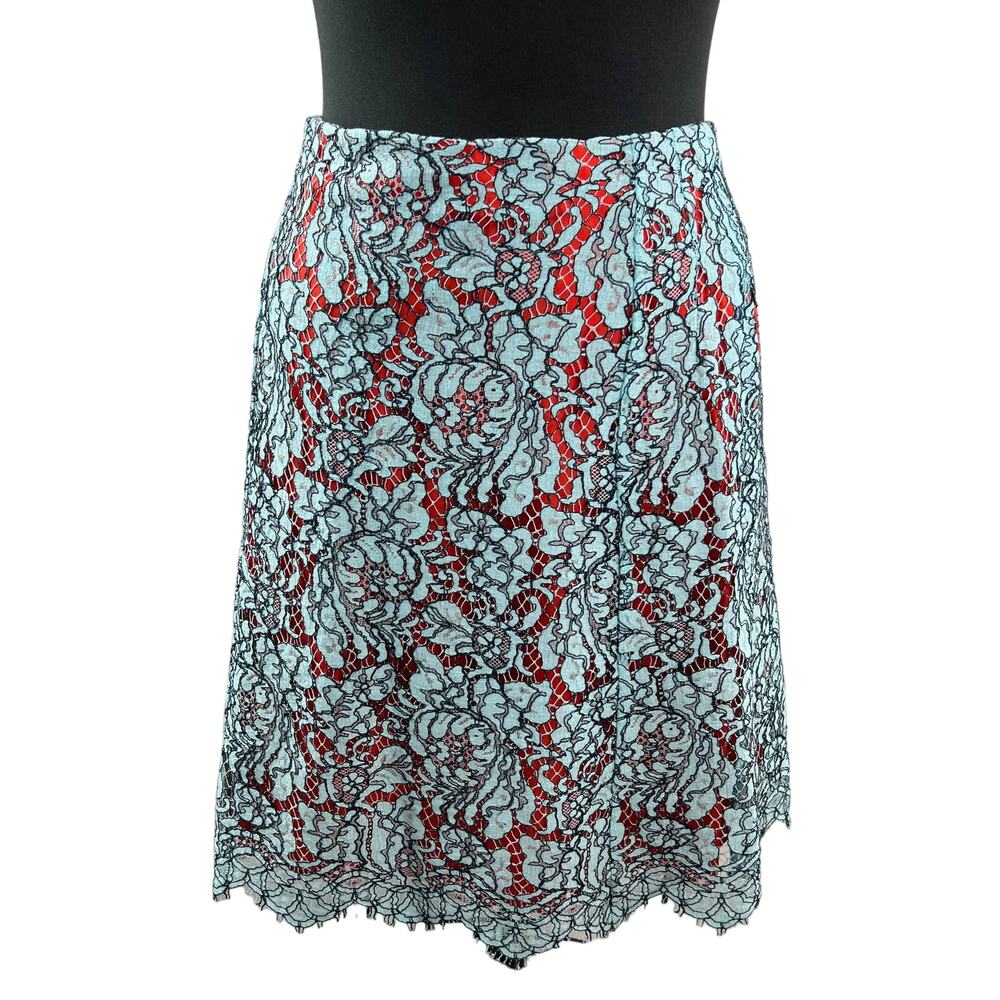 CARVEN Paris Cornelius Lace A-Line Scalloped Mini Skirt Blue Orange Floral 38 6